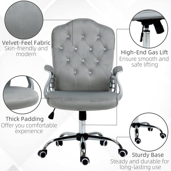 Chaise de bureau en velours avec roulettes pivotantes, grise