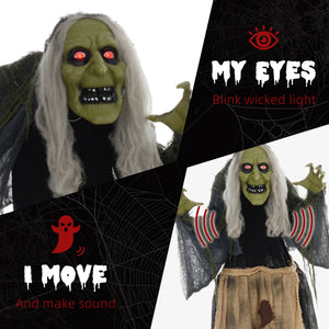 Sorcière bossue animée d’Halloween de 63 po avec yeux DEL rouges, sons et mouvements – gris et noir
