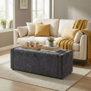 Banc-pouf de rangement avec revêtement en tissu aspect lin, assise large rembourrée, gris foncé