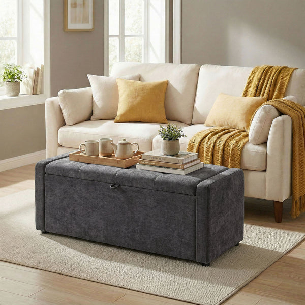 Banc-pouf de rangement avec revêtement en tissu aspect lin, assise large rembourrée, gris foncé