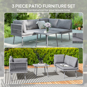 Ensemble de mobilier de jardin 3 pièces en résine tressée en forme de L avec coussins, gris
