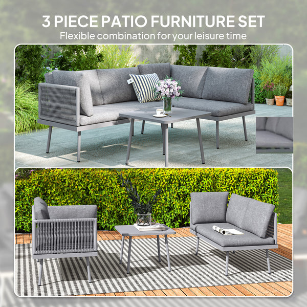 Ensemble de mobilier de jardin 3 pièces en résine tressée en forme de L avec coussins, gris