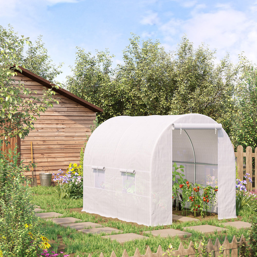 Portable tunnel greenhouse with door and ventilation window, white