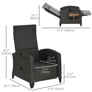 Outdoor Recliner Chair with Adjustable Backrest, Cushion, Side Tray, Light Grey