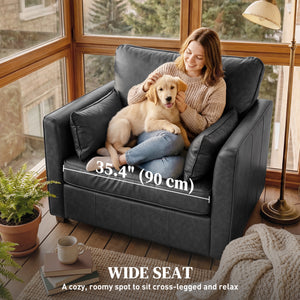 Faux leather accent chair with wide seat, spring cushion, rubberwood legs, 2 pillows, black