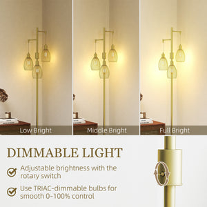 Lampadaire industriel avec 3 abat-jour suspendus à intensité variable, doré