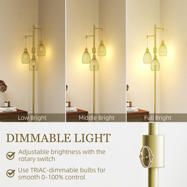 Lampadaire industriel avec 3 abat-jour suspendus à intensité variable, doré