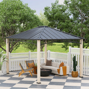 Gazebo 10' x 12' à toit rigide avec toit en métal, structure en grain de bois, auvent d'extérieur pour patio,