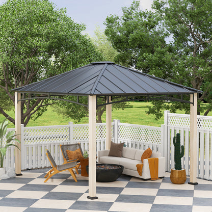 Gazebo 10' x 12' à toit rigide avec toit en métal, structure en grain de bois, auvent d'extérieur pour patio,