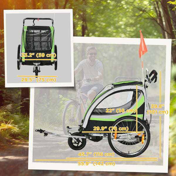 2-seater child bike trailer with 5-point harness, waterproof cover, green