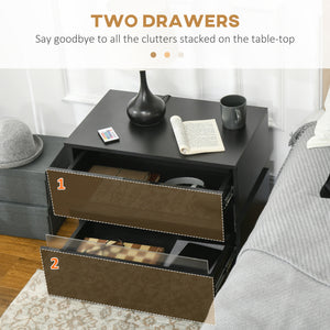 Modern Bedside Table with 2 Drawers and USB Powered RGB LED Lighting, Black.