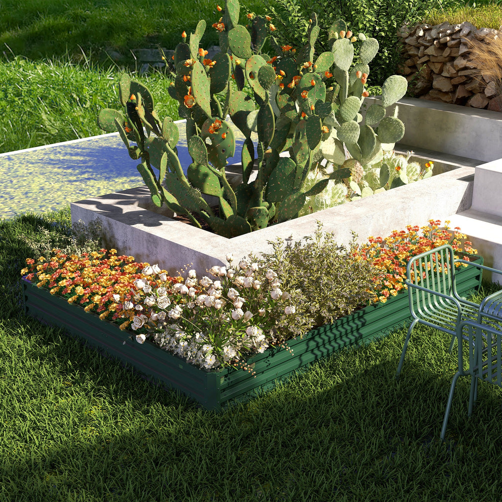 Raised galvanized steel planter with vegetable stakes, green