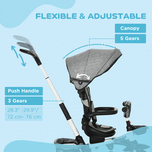 Tricycle 6 en 1 pour tout-petits de 12 à 50 mois, pliable, avec siège réglable, harnais de sécurité, auvent amovible, repose-pieds, gris