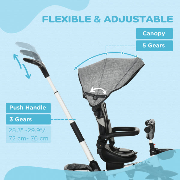 Tricycle 6 en 1 pour tout-petits de 12 à 50 mois, pliable, avec siège réglable, harnais de sécurité, auvent amovible, repose-pieds, gris