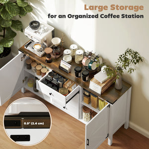 Buffet style campagnard, avec plateau épais, 2 portes de grange, 4 tiroirs et 2 étagères réglables, blanc