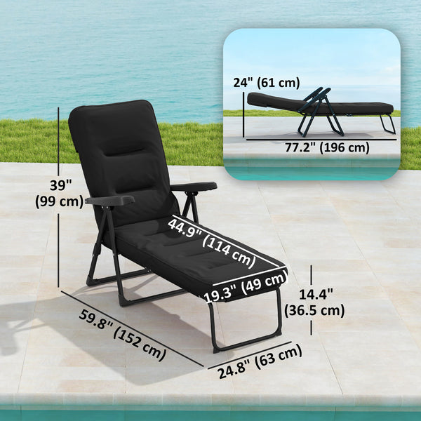 Chaise longue pliante avec coussin, dossier réglable avec repose-pieds, noir