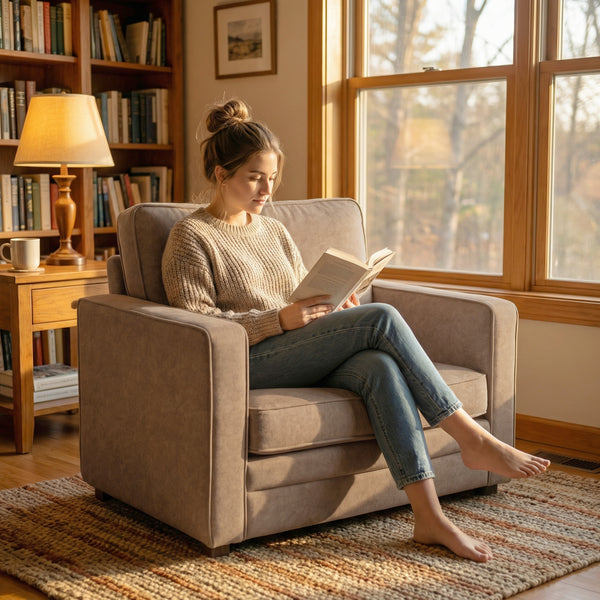 Occasional armchair in velvet-effect fabric with a wide seat, spring cushion, solid wood legs, brown