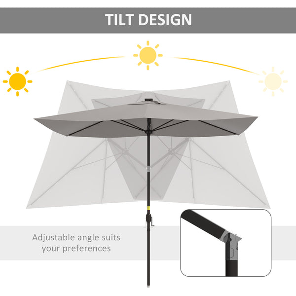 Parasol de 9,7 pieds en aluminium avec éclairage LED solaire et manivelle, gris clair