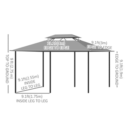 Gazebo 10' x 13', abri pare-soleil extérieur à 2 niveaux avec rideaux, gris foncé