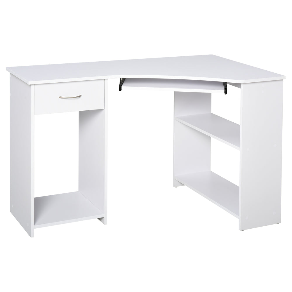 Bureau en L avec plateau pour clavier pour petit espace avec étagères, blanc