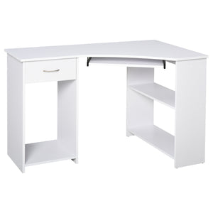 Bureau en L avec plateau pour clavier pour petit espace avec étagères, blanc