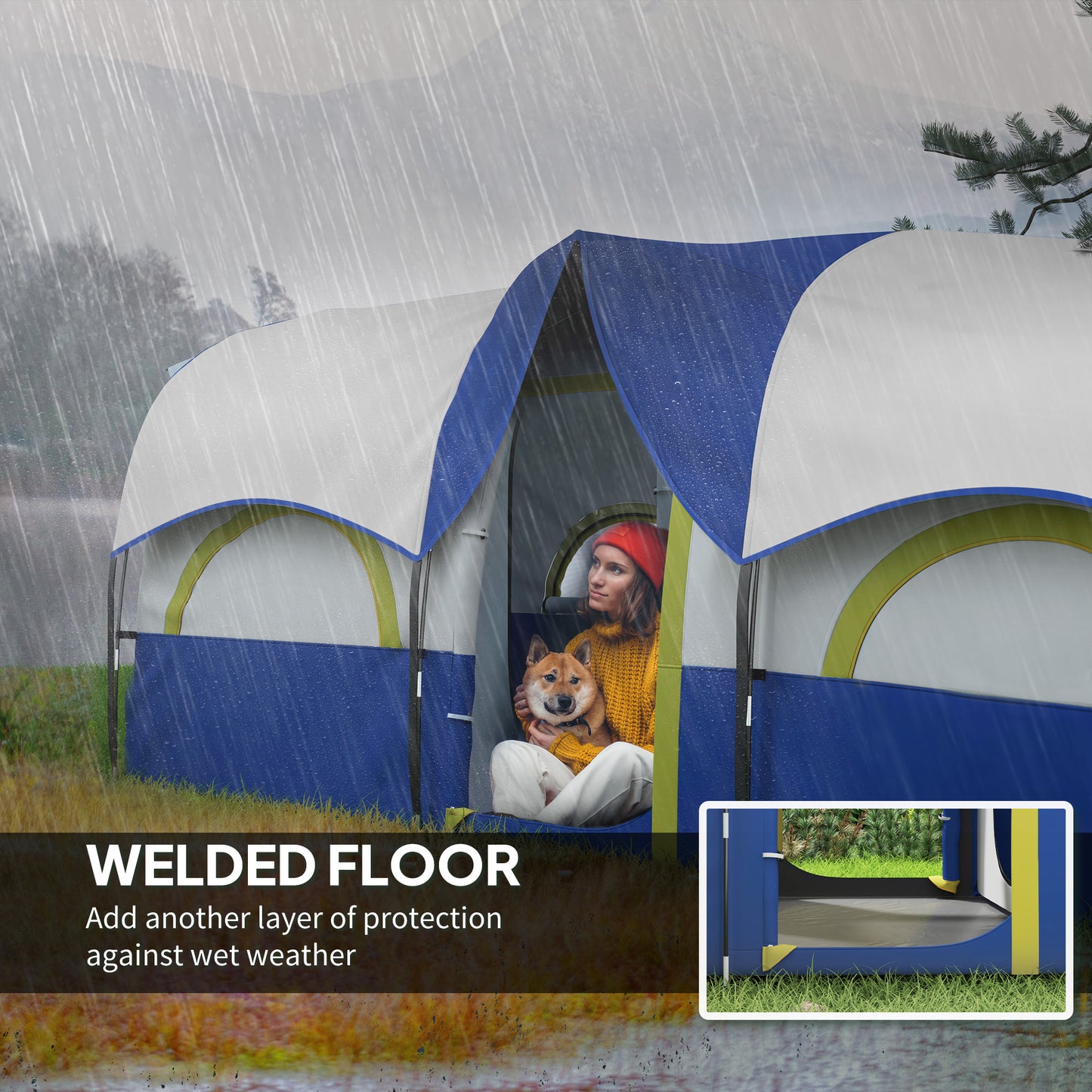 Outsunny 4-6 Person Camping Tent, 3 Room Cabin, 3000mm Waterproof &amp; UPF 30+, with Built-in Groundsheet &amp; Carry Bag, Blue