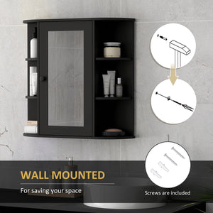 Armoire de salle de bain murale avec miroir, porte et étagères, noire
