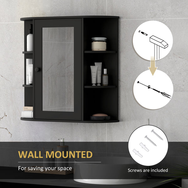 Armoire de salle de bain murale avec miroir, porte et étagères, noire