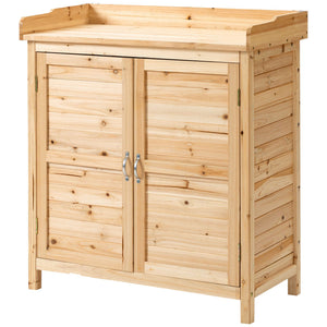Wooden garden shed with interior shelf and double door, natural color