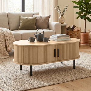 Table basse avec portes coulissantes à tambour et table de rangement centrale, pieds en métal, couleur bois naturel
