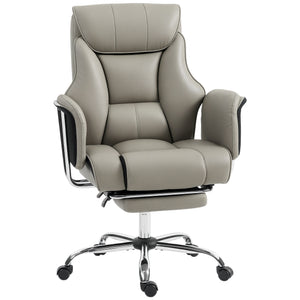 Upholstered reclining office chair with high back, faux leather upholstery, footrest, swivel casters, grey