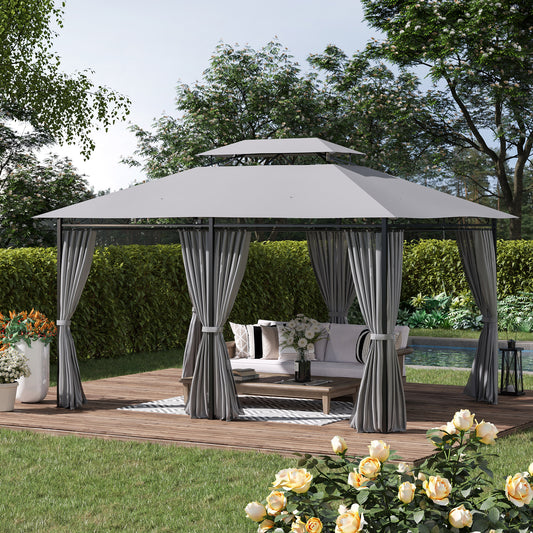 Gazebo 10' x 13', abri pare-soleil extérieur à 2 niveaux avec rideaux, gris foncé