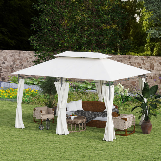 Tonnelle de jardin 10' x 13' à double toit, avec rideaux, blanc crème