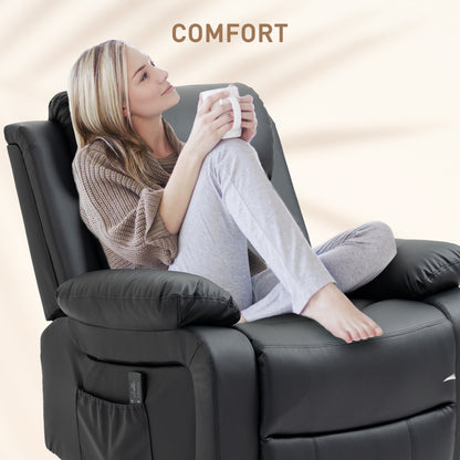 Fauteuil inclinable en cuir synthétique avec massage par vibration, base pivotante, fonction bascule, télécommande, noir