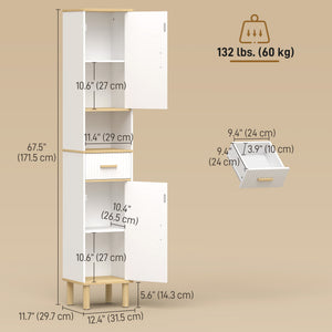 Tall bathroom storage cabinet with drawer, adjustable shelves, open compartment, white