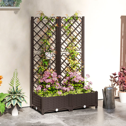 Outsunny Raised Garden Bed with Trellis, Plastic Raised Bed with Drainage Holes and Drainage Plugs, 81 x 40 x 122 cm