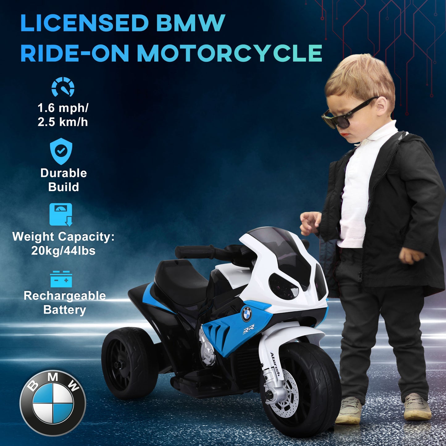 Moto pour enfants BMW 6 V avec phare, musique, cadeau pour garçons et filles - Bleu