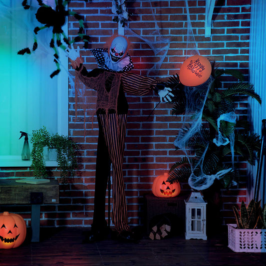 Décoration d'Halloween grandeur naturede 1,5 m, clown de cirque parlant avec son et mouvement activés, yeux lumineux