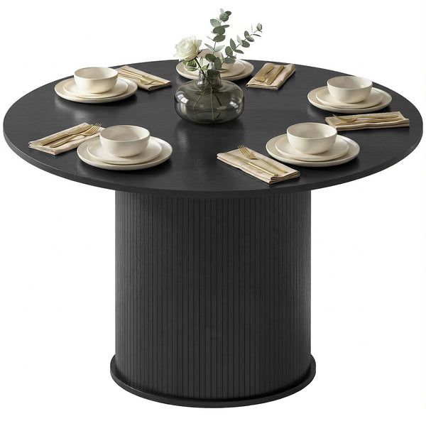 Table de salle à manger ronde pour 5 personnes avec pied central cannelé, noire.