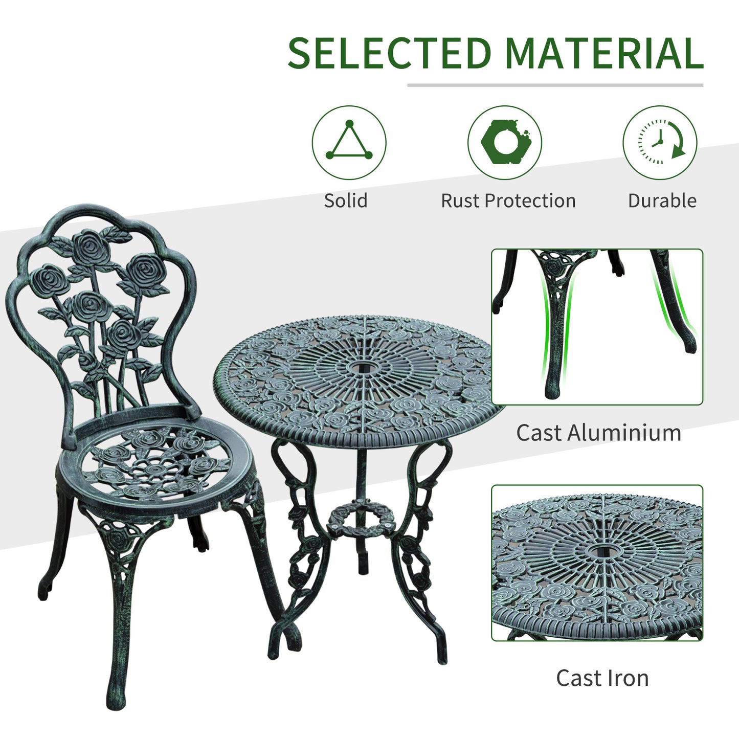 Outsunny Ensemble table et chaises de bistrot de patio 3 pièces Vert antique