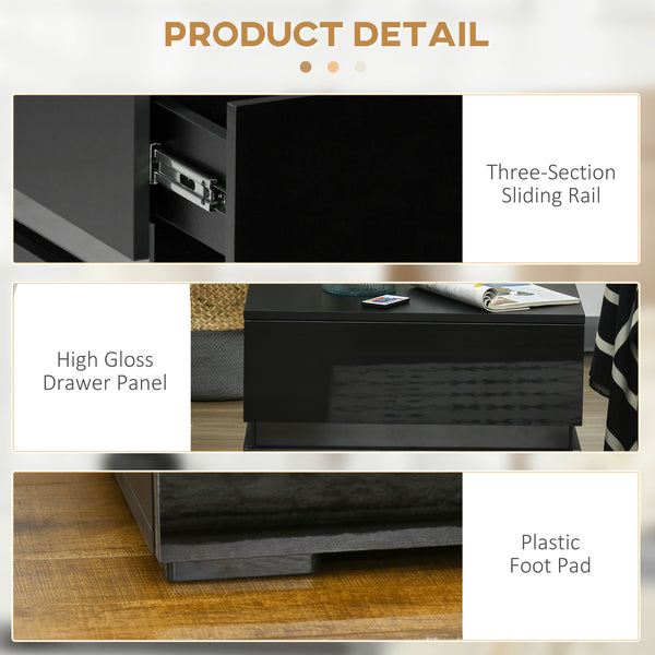 Modern Bedside Table with 2 Drawers and USB Powered RGB LED Lighting, Black.