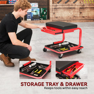 Rolling workshop stool with tool storage and drawer, black.