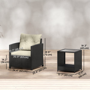 Ensemble de mobilier de patio en résine tressée 3 pièces avec table à deux niveaux et plateau en verre, beige