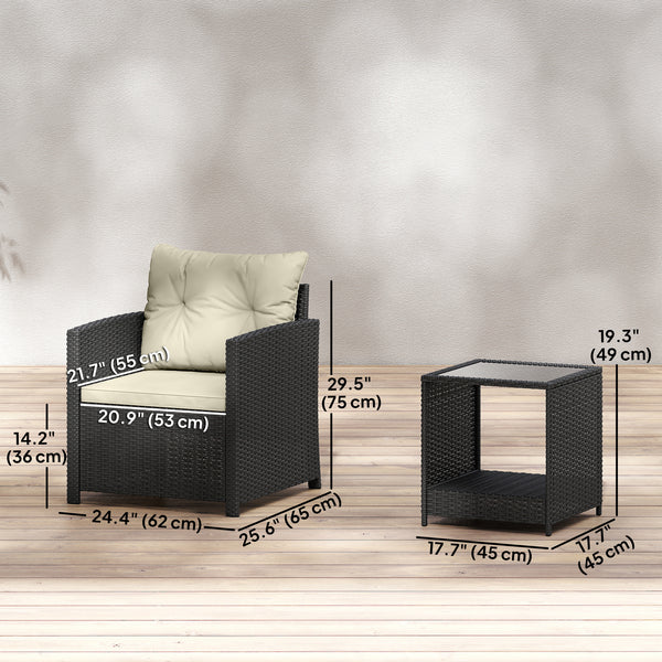 Ensemble de mobilier de patio en résine tressée 3 pièces avec table à deux niveaux et plateau en verre, beige