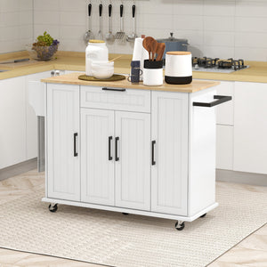 Îlot de cuisine roulant moderne avec tiroirs, plateau en bois naturel, porte-serviettes et placard de rangement, blanc