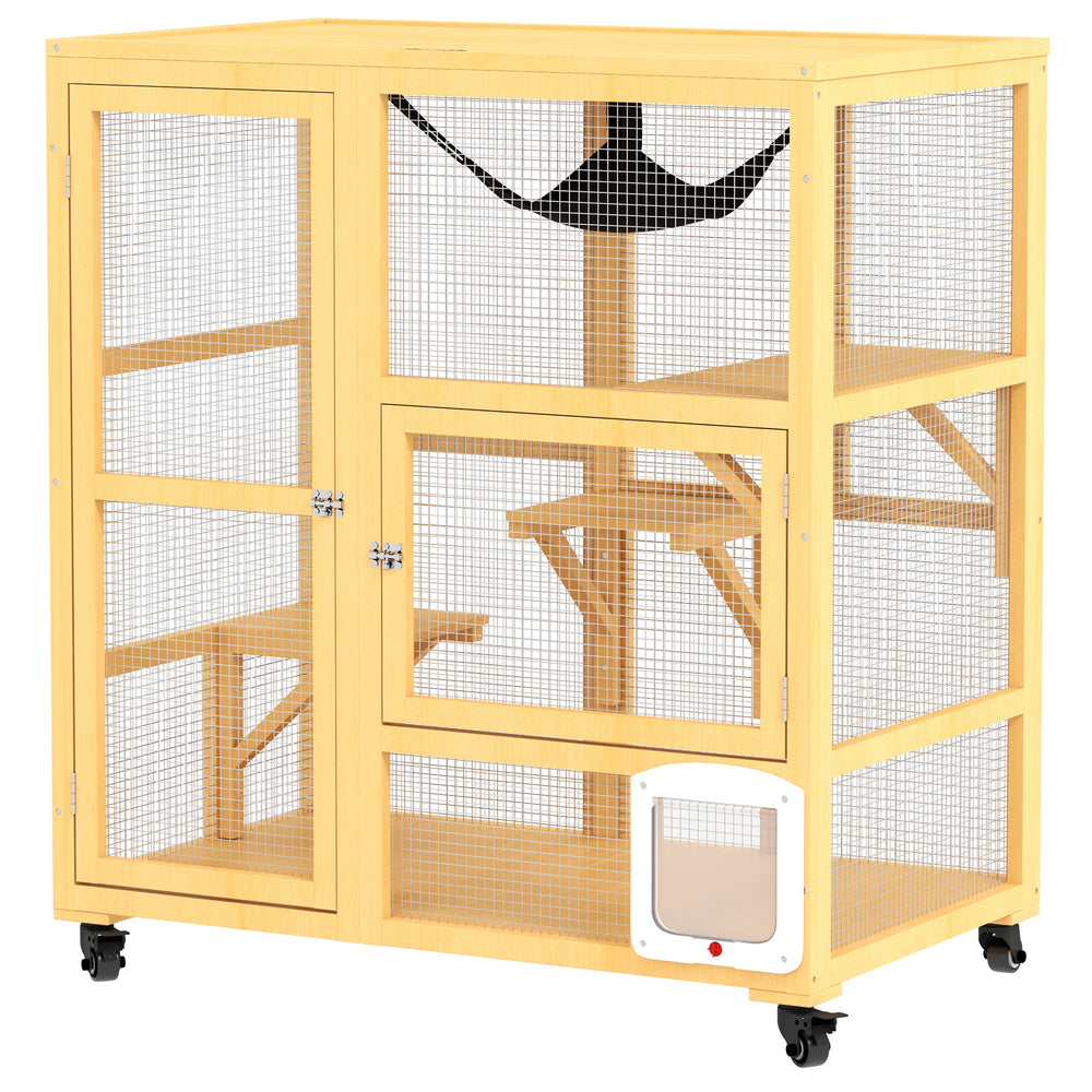 Enclos pour chats en bois sur roulettes avec chatière, beige