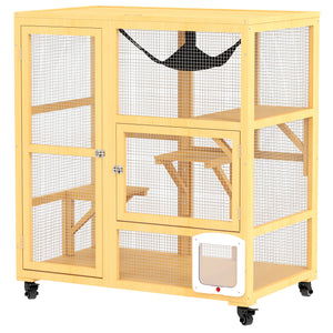 Wooden cat enclosure on wheels with cat flap, beige