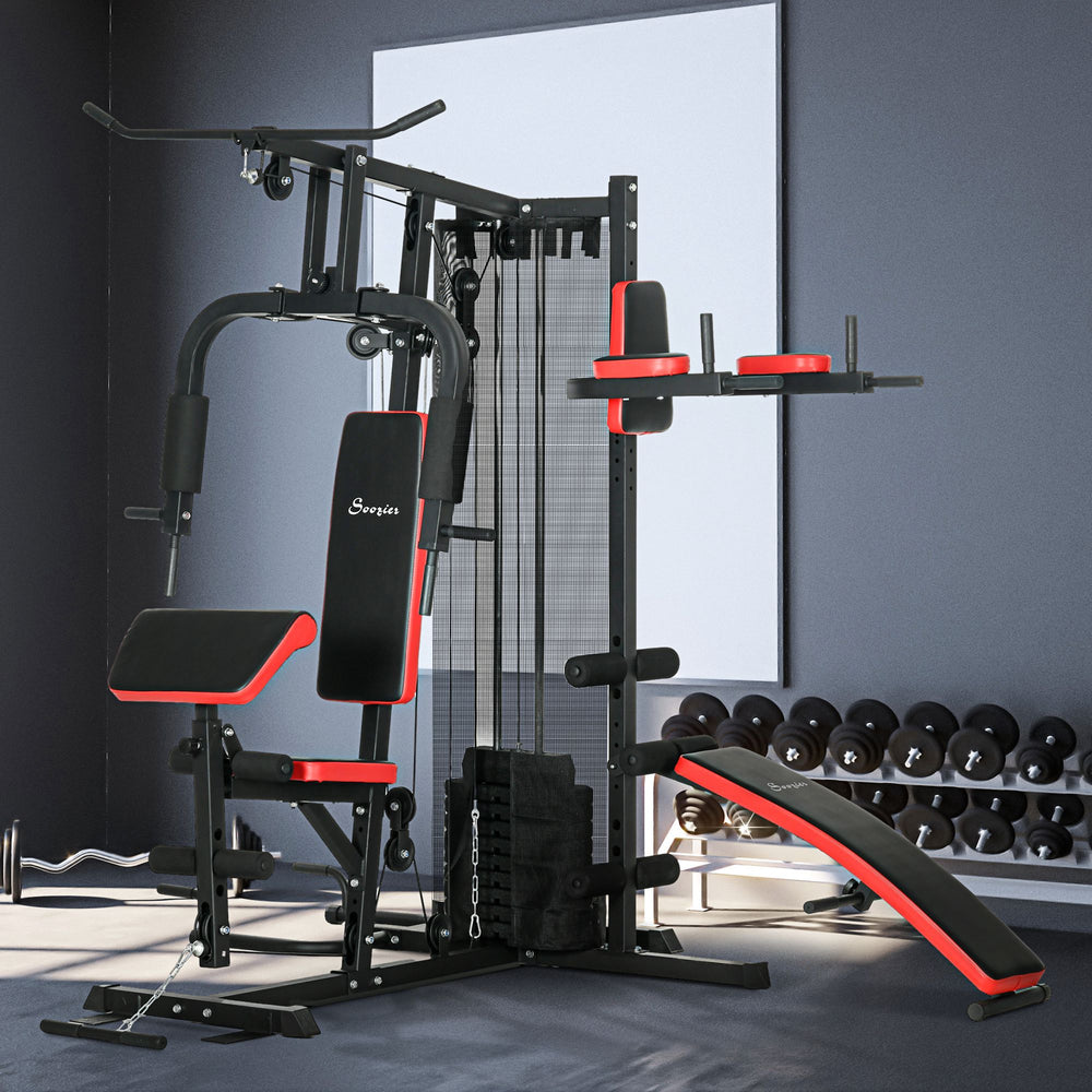 Multifunction weight training machine with abs bench, push-up support, dip station, 65 kg weights
