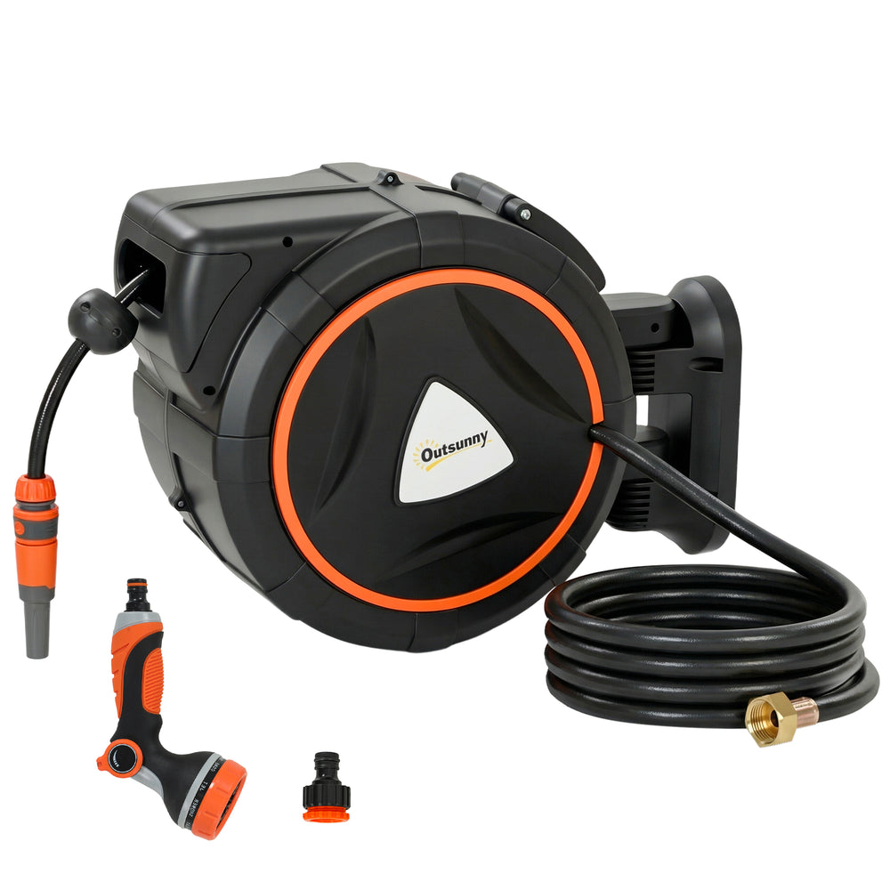 Retractable Garden Hose Reel, 1/2" x 92ft Wall Mounted Hose Reel with 12-Pattern Nozzle, Auto Retraction, Self-Locking