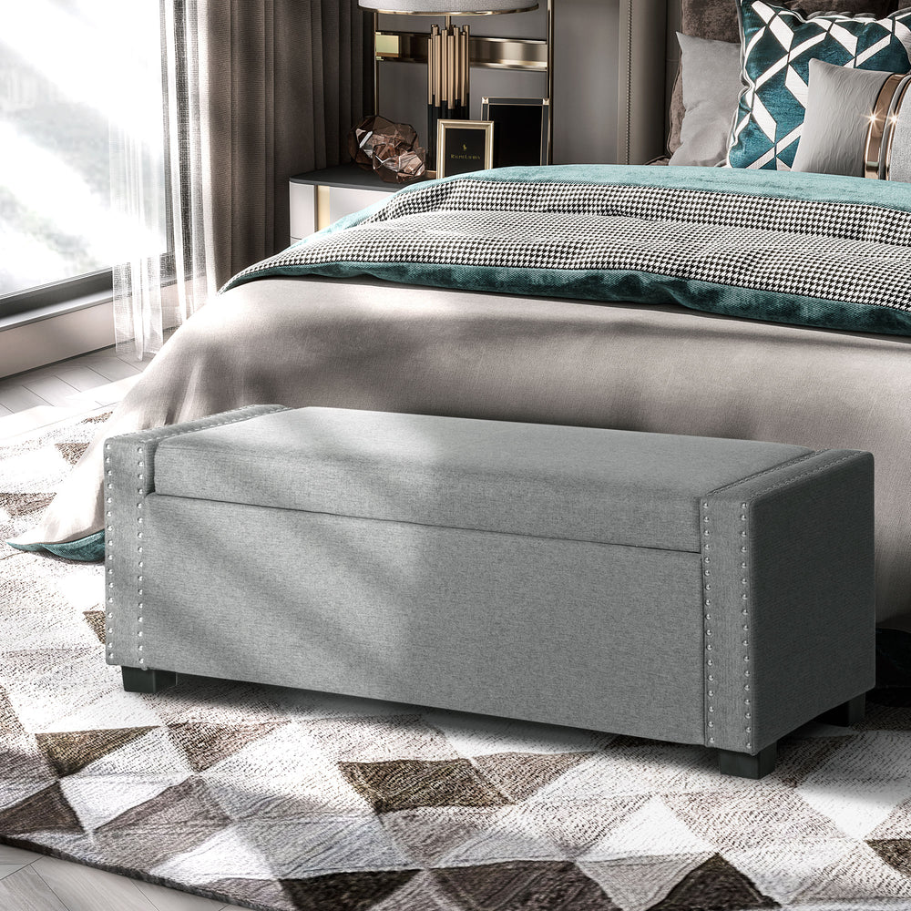 Banc de rangement rabattable rembourré en tissu, gris clair